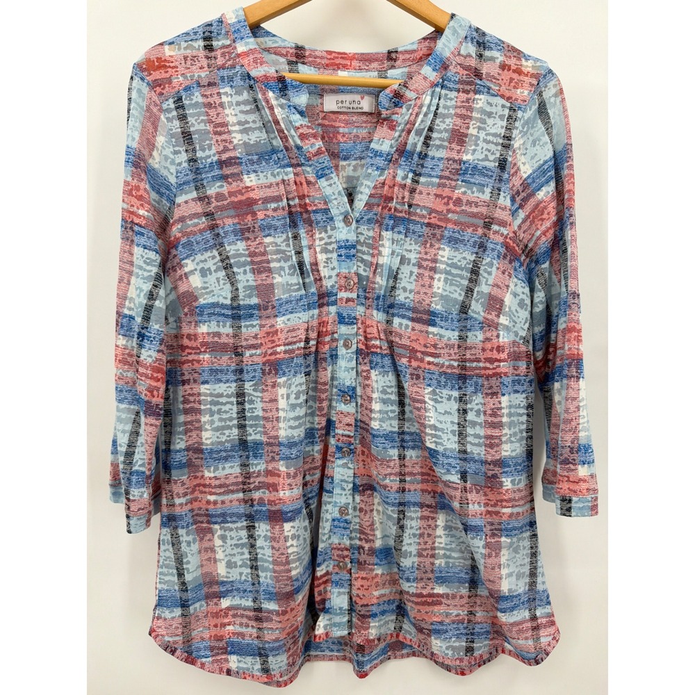 Per Una Womens XL Red White & Blue Plaid Button Up Blouse Breezy Cotton Blend
